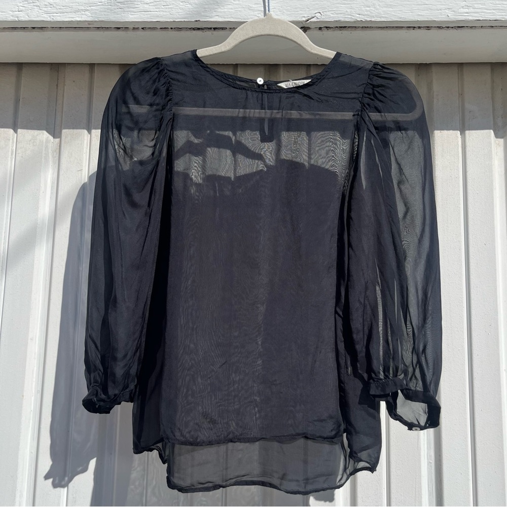 ALI GOLDEN black sheer viscose organza 3/4 long puff sleeve blouse